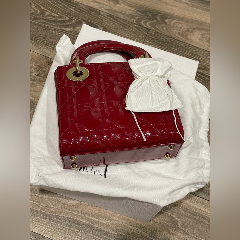 DIOR MINI LADY DIOR BAG CHERRY RED PATENT CANNAGE CALFSKIN GOLD HW PRELOVED - Picture 12 of 13